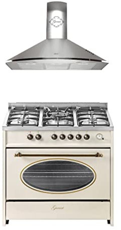 GURARI GCH E 914 Cr + GCH C 046 IS 9, Retro Induction Cuisinière 90 cm, Range Coocker, 121 L, Crème + Hotte Murale 90 cm, Acier Inoxydable/Inox, Conduit / Recirculation, 1000 m3/h