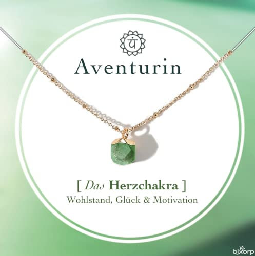 Bixorp Aventurin Chakra Halskette – Handgefertigter Aventurin Anhänger – Vergoldete Edelstahlkette auf Geschenkkarte mit Geschenkumschlag – (36 cm + 8 cm verstellbar)