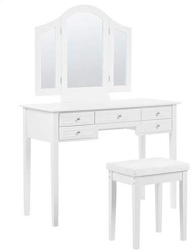 Beliani Weißer Schminktisch mit praktischem Hocker, DREI Spiegel und 5 Schubladen Lumiere