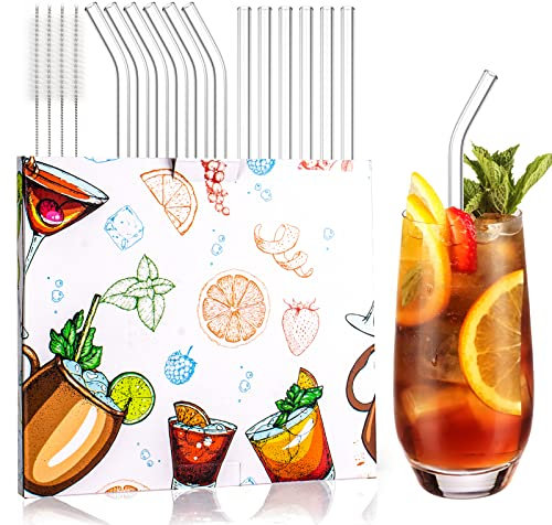 12 pajitas de vidrio reutilizables, pajitas de vidrio transparentes para beber, pajitas de vidrio rectas y curvas con 4 cepillos de limpieza, pajita reutilizable para cócteles, batidos y jugo