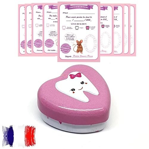 Myfuturshop® Caja dientes de leche + Cartas ratoncito Pérez. Una cajita guarda dientes + 10 Certificados de diente limpio. VERSION FRANCESA. Regalo original para niño y niña. (ROSA)