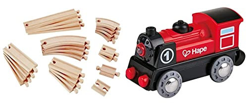 Hape E3707 Eisenbahnwelt Großes Schienenausbauset, 24 Teile, ab 3 Jahren & E3703 Eisenbahn Batteriebetriebene Lokomotive Nr. 1, Rot/Schwarz