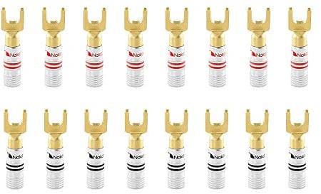 Nakamichi Excel Series 24k Gold Plated Banana Plug 12 AWG - 18 AWG Gauge Size 4mm for Speakers Amplifier Hi-Fi AV Stereo Home Theatre Audio Wire Cable Screw Connector 16 Pcs (8-Pairs), Spade Connector