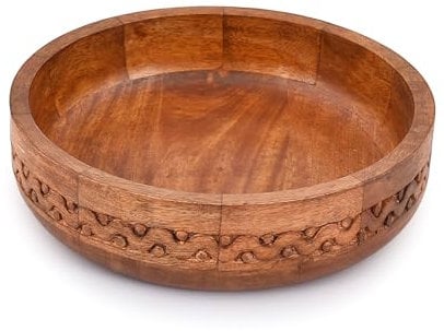 EDHAS Cuenco redondo tallado de madera de mango con acabado rojo decorativo para alimentos, frutas, ensaladas o palomitas de maíz, encimera de cocina (25,4 cm x 25,4 cm x 6,35 cm)