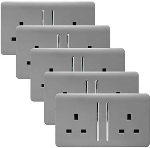Trendi 2 Gang Artistic Modern Glossy 13 Amp Switched Tactile Plug Socket Light Grey (5 Pack)