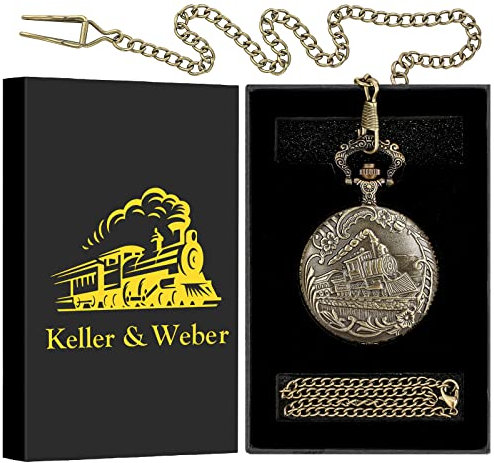 Keller & Weber Vintage Dampflokomotive Taschenuhren für Männer, Dampfzug Geschenke für Männer Papa, Valentinstagsgeschenke, Geburtstagsgeschenke, Halskette Geschenke für Frauen