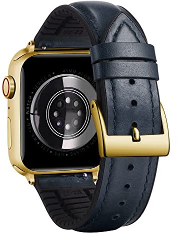 BINLUN Bracelet Compatible avec Apple Watch 40mm 38mm 41mm 42mm Bracelets Montre en Cuir et Silicone Compatible avec iWatch SE2 SE Serie 10/9/8/7/6/5/4/3/2/1(Bleu,Boucle Or)