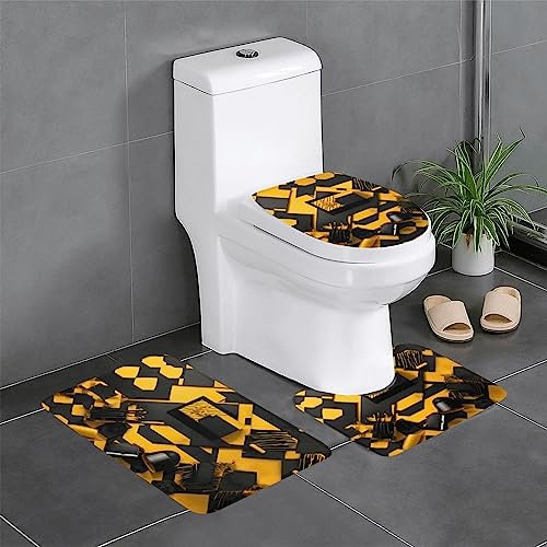 KoNsev Senfgelb und Schwarz 3-teiliges Badezimmer-Teppich-Set, Konturenmatte und Deckelbezug, rutschfest, mit Gummi-Rückseite, Schlafzimmer-Bodenmatte