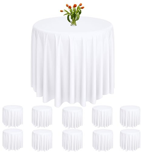 Rainmae Runde Kunststoff-Tischdecken, 213 cm Weiß, Party Tischdecken, PEVA, wasserabweisend, Tischdecken für Hochzeit, Bankett, Partys, Geburtstage, Picknick, 10 Stück
