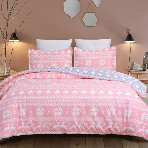 YEPINS Weihnachten Bettwäsche 155x220 Grau Rosa Schneeflocken Mikrofaser Weihnachts Motiv Bettbezug Set 2 teilig - 1 Bettbezug 155x220 cm mit Reißverschluss + 1 mal 80x80cm Kissenbezug