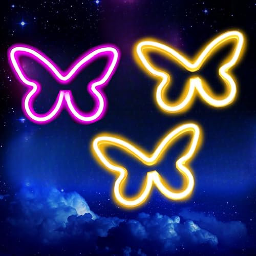 Schmetterlings-Neonschild Schmetterlings-LED-Leuchten, Neonschilder für Büro, Wohnheim, Hochzeit, Geburtstag, Party, für Teenager-Mädchen, Zimmerdekoration, Neon, 3 Stück (2 Stück warmweiß, rosa)