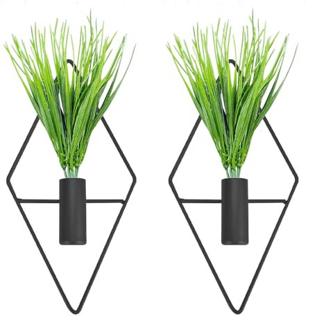 Triangle and Rhombus Shapes Metal Hanging Planters Vase with Artificial Aquatic Plants Geometric Wall Decor Indoor Plants Holder for Home Living Room Porch Office (2PCS, Black)