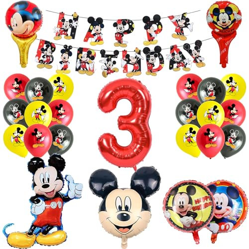 UdacA Geburtstag Deko 3 Jahre, 24 Stück Cartoon Maus Kindergeburtstag Ballons, Folienballon Set mit Happy Birthday Banner für Kindergeburtstag Deko 3. Geburtstag