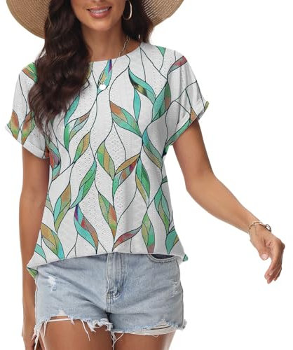 Tanmolo Camiseta de mujer Bordado sin planchado Cuello Redondo Tops Verano Primavera Ropa de moda 2024 Casual Blusa de manga corta, Laub, L