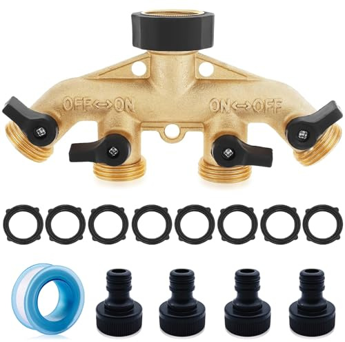 WishesMar Distributeur 4 Voies Arrosage Fabriqué en Laiton Massif avec 4 Sorties Distributeur Débit d'eau Réglable et Verrouillable - Repartiteur Robinet Eau 3/4 pour l'irrigation du Jardinage