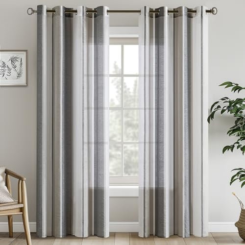EMEMA Tende a righe trasparenti con occhielli Tende in voile Soggiorno moderno Set di 2 tende Camera da letto Trasparente con motivo Tenda a righe semitrasparente 140 x 245cm Bianche e Grigio Scuro