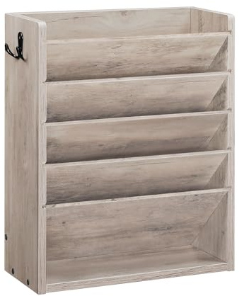 CHOEZON Bannette de Rangement à Dossiers, Porte-Documents mural à 6 niveaux, Organisateur à magazines en bois d’ingénierie avec 2 crochets, pour bureau domestique, Gris DMWJ01FH