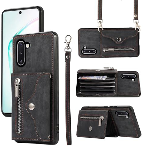Asuwish Handyhülle für Samsung Galaxy Note 10 Hülle mit Band Kartenfach Klappbar Geldbörse Ständer Handyhüllen Cover Leder Kette Vintage Note10 5G Handy Hüllen Schutzhülle Damen Phone Case Schwarz
