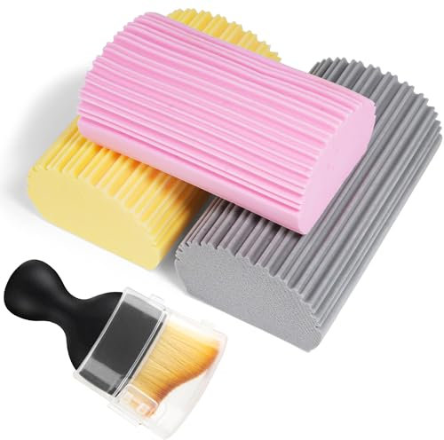 FYSL 3 Esponja Mágica Atrapapolvo & 1 Cepillo de Limpieza de Cerdas Suaves, Esponja Magica Limpieza, Plumero Humedo Esponja para Limpiar Persianas Venecianas y de Madera, Ventilaciones