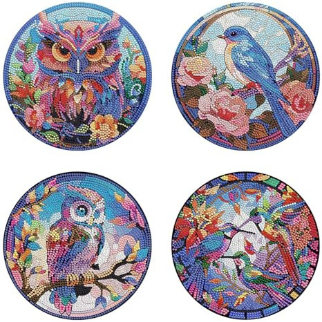 4 Stück Diamond Painting Geschirrmatte Platzset, Holz Wärmedämmungs-Tischset, Anti-Rutsch Diamant Malerei Tischsets Runde mit Aufbewahrungsregal für Esszimmer, Terrasse, Tisch (03-Eule)
