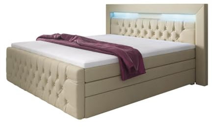 Boxspringbett Sonno 200x200 Doppelbett Polsterbett Bett mit RGB-Beleuchtung, USB-Anschluss und Stauraum | Bezug: Kunstleder | Farbe: Beige | Härtegrad: H3 (70-100kg)