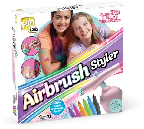 FabLab Airbrush Styler | Create FAB Hair & Body Designs | Includes Cosmetic Safe Ink Pens, Stencils & Cape | Batteries Not Included | Ages 8+