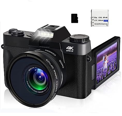 MZZYG Video Camera Digital Photo Camera Vlogging Camcorder WIFI Webcam Wide Angle 16X Digital Zoom 48MP Photography Flip Screen(With 128GB,With 2 Lens)