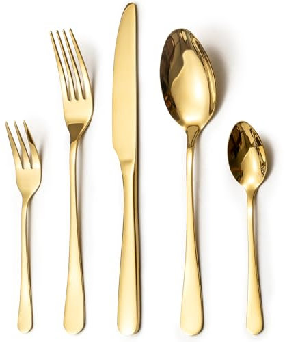 LAZAHOME Besteck Set, Edelstahl Spiegelpoliert 60 teilig Besteckset für 12 Personen, Essbesteck Set mit Messer Gabel Löffel für Familie/Party/Hotel/Restaurant, Gold Tafelbesteck, Spülmaschinenfest