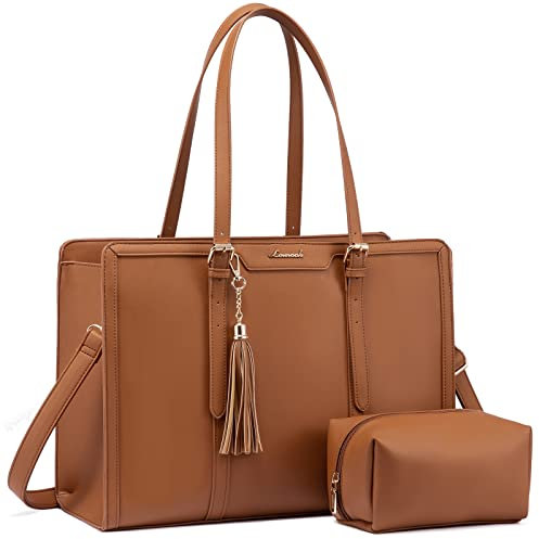 LOVEVOOK Laptop Tote Handbags for Women 15.6 inch Work Bags for Women Leather Ladies College Teacher Bag Large Shoulder Cross Body Bag Waterproof for Office Business School Shopping Travel Brown