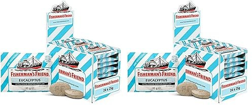 Fisherman's Friend Eucalyptus, 24er Vorratsbox, Eukalyptus und Menthol Geschmack, ohne Zuckerzusatz & vegan, Bonbons für frischen Atem, 24 x 25g (Packung mit 2)