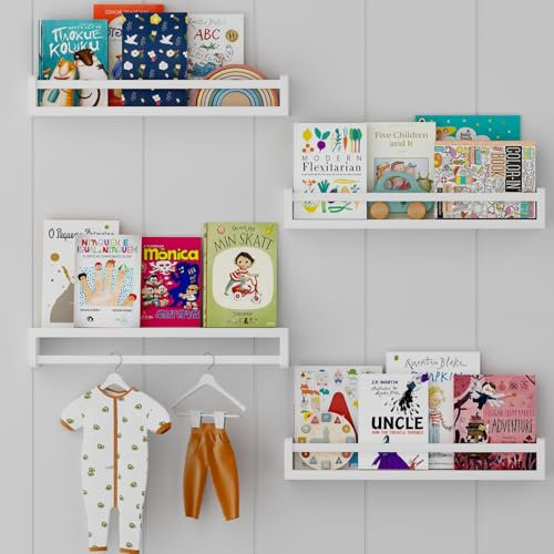 Gieanoo Wandregal Kinderzimmer, 40cm Weiß Bücherregal Kinder Wand 4er-Set Massiv Kiefer Schweberegale für Babyzimmer Kinderzimmer deko Küche Gewürzregal