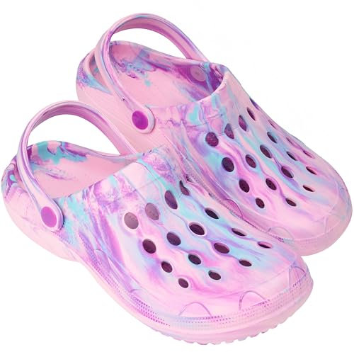 CityComfort Clogs Damen Hausschuhe Bequem Leichte Sommer Pantoletten mit Riemchen für Haus Garten Arbeit oder Strand Geschenk für Frauen (37/38 EU, Lila Tie Dye)