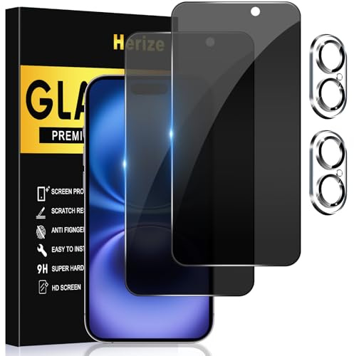 Herize [2+2 Pack Privacy Screen Protector for iPhone 16 with Camera Lens Protector, 6.1 Inch Tempered Full Screen Glass Accessories, Anti-Spy, Bubble Free, Case Friendly