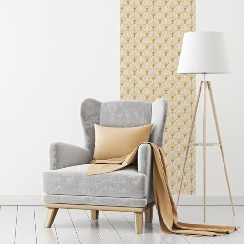 Ambiance Sticker Papier Peint Intissé Pré-encollé Rouleau Wallpaper Art Déco Beige Éventail Adhésif Décorative - 1 Roulle de H300 x L60 cm