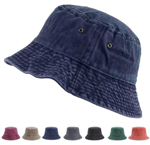 XIEXIESHER Retro Fischerhut, 56-58cm, Modischer Sommerhut, EIN Muss for den AußenbereichFaltbar Anglerhut, Unisex Denim Gewaschen Retro Männer Frauen Teenager Draußen Camping Sonnenschutz Hut(Marine)