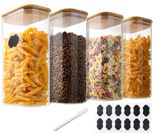 YBCPACK 4er Set Vorratsgläser mit Deckel 1600ml, luftdichte Vorratsdosen aus Borosilikatglas, Aufbewahrung eckig mit Bambusdeckel Küche für Spaghetti, Bohnen, Cornflakes
