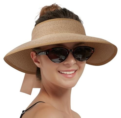 Creekstone Chapeau de soleil pour femme avec visière de paille à large bord, protection UV, pliable, chapeau de plage, queue de cheval, voyage, UPF 50+