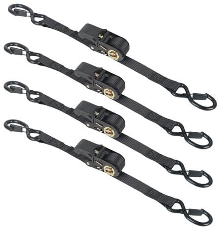 4 Stück Spanngurt mit S Haken, Einteilige Spanngurtauf 5 m x 25mm, 340KG/680KG, Spanngurte mit Ratsche für Motorrad, Kajak und LKW, Schwarz