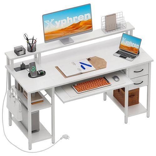 Xyphren Computer Desk with Drawers, 120x50cm Office Desk with Keyboard Tray with Power Outlet & Monitor Stand, Large Storage Shelf Workstation for Study, White