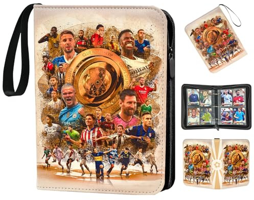 Oirigaga Fussball Sammelkarten Album mit 4 Fächern 50 Hüllen und Reißverschluss Tragegriff für 400 Karten, Fußball Karten Sammelalbum Sammelmappe Sammelheft, Wasserdicht PU-Leder Heft Ordner Buch