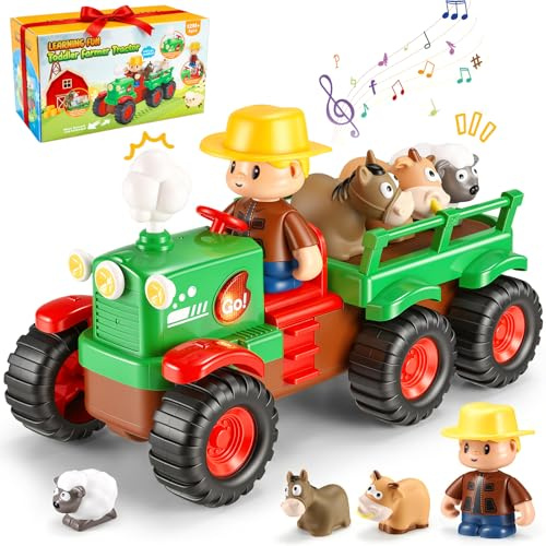 Gralal Tracteur Fermier Jouet pour Bébé 1 2 3 Ans, Véhicule Musical Push and Go avec Animaux, Jouets Montessori les Animaux de Ferme, Cadeau Éducatif pour Bébé