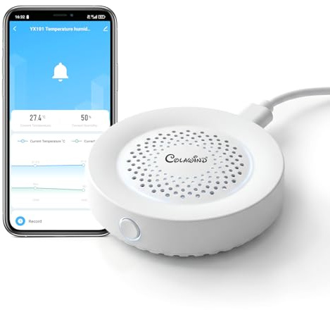 Sensor WiFi de Temperatura y Humedad con App, Alertas y Sirena de 100 dB | Termómetro e Higrómetro Inteligente para Interiores, con Control Remoto Desde la App, para el Hogar, Invernadero y Bodega