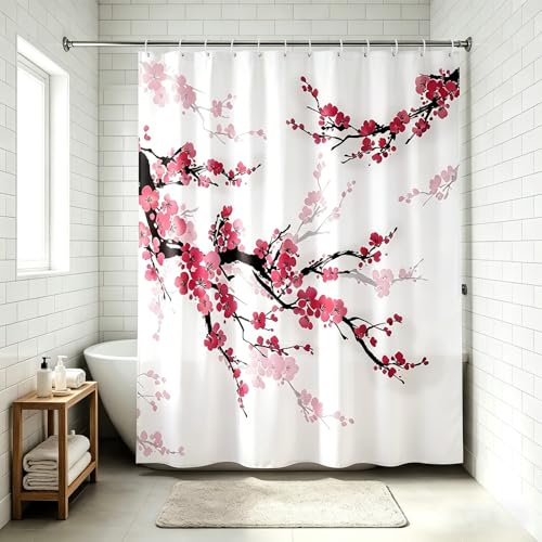 Dsnyu Duschvorhang 120x180 Waschbar, Duschvorhang Rosa Rot Kirschblüten | Blumen Shower Curtain Badevorhang Weiß Polyester Textil Frühling