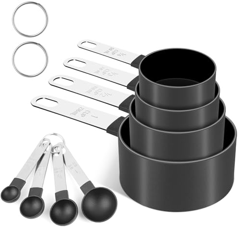 FONYA 8-Piece Black Measuring Tools - Nylon, 4 Measuring Cups / 4 Measuring Spoons with Metal Handles for Liquids and Solids (Black Thickened)