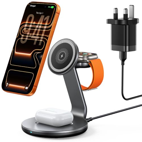 3 in 1 Wireless Charging Station for Apple Devices, 15W Magnetic Wireless Charger Stand for iPhone 17e/17/16/15/14/13/12 Series, Charging Dock Compatible with MagSafe Charger, Apple Watch, AirPods