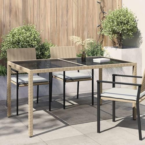 KNERPWD Gartentisch, 150 x 90 x 75 cm, aus Polyrattan, Beige, mit Tischplatte aus gehärtetem Glas, Rahmen aus pulverbeschichtetem Stahl, leichter und stabiler Outdoor-Tisch für Patio.
