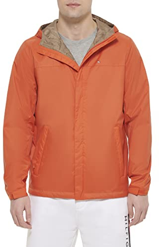 Tommy Hilfiger Men's Lightweight Breathable Waterproof Hooded Rain Jacket Raincoat, Orange, M