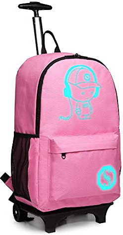 KONO Trolley Jungen Rucksack Kindergepäck mit Rollen Reflektierender Schulranzen für Teenager Herren Damen Reisen und Büro Outdoor Camping (Rosa)