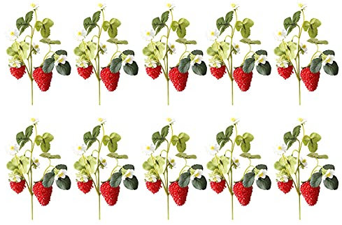 MCDSAJ Künstliche Blumen, rote Erdbeere, Himbeeren, Früchte mit grünen Blättern, 2 Erdbeeren auf jedem Zweig, für Urlaub, Garten, Zuhause, Weihnachtsbaumschmuck, Blumendekorationen, 10 Stück