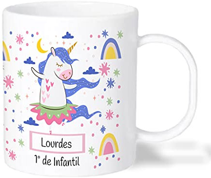 Bee Ingenious Taza PLÁSTICO personalizada. Tazas nombre Vuelta al Cole infantil. Tazas unicornio personalizada. Tazas desayuno niños. Varios Diseños a Elegir. Colección: Unicornios